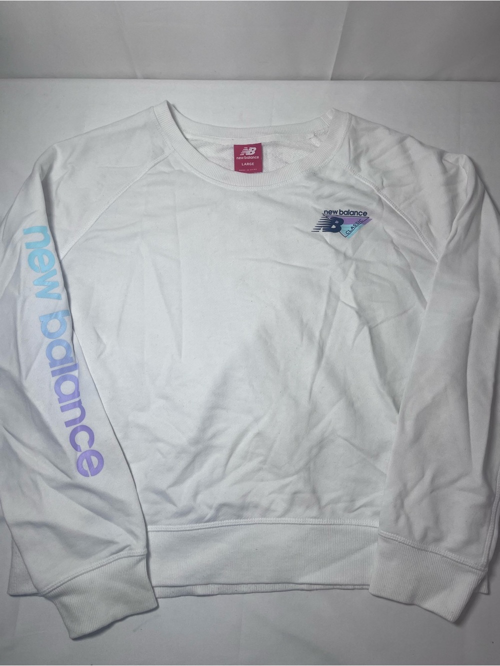 New Balance White Crewneck with Pastel Blue and Lavender Logo